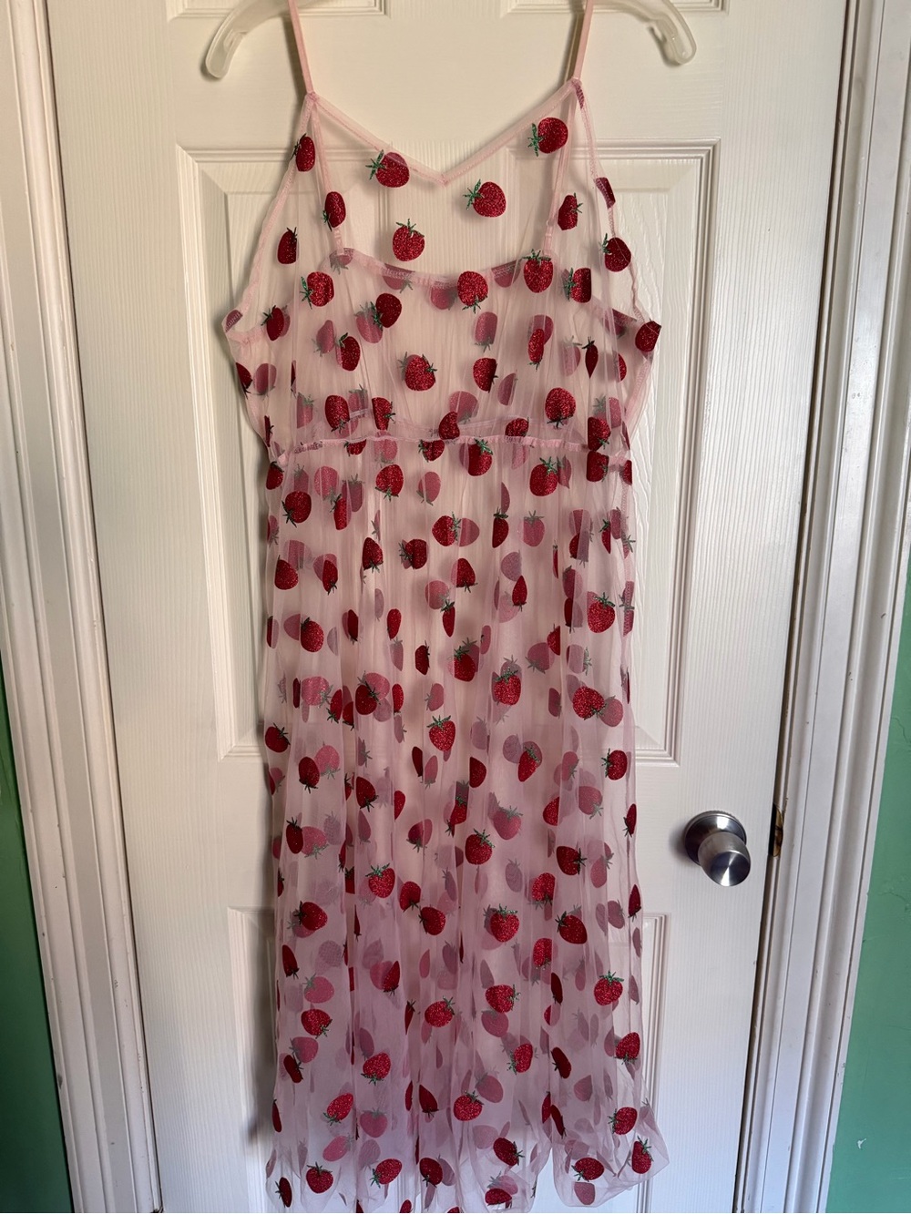 Sheer Pink Strawberry Print Spaghetti Strap Tulle Dress - 3X